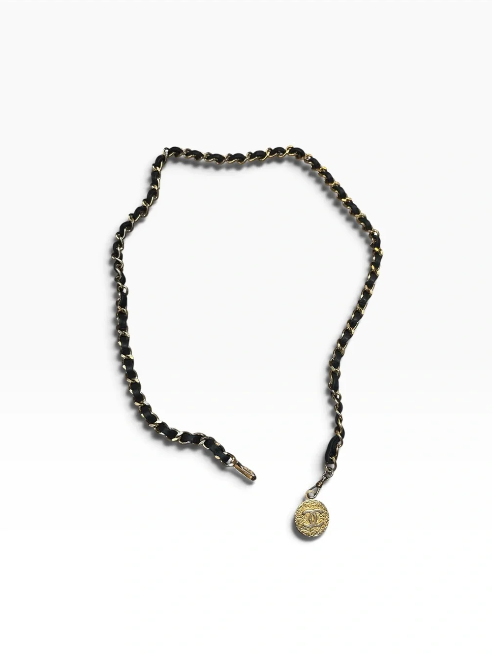 CHANEL Black and Gold Chain Necklace with CC Medallion Vintage 1982